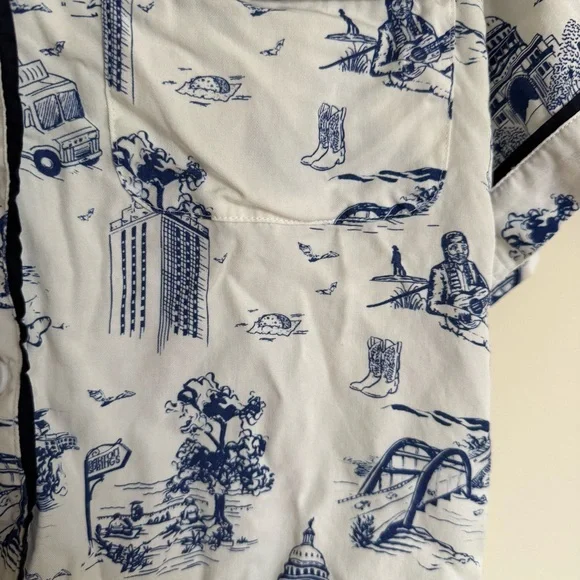 Blue Katie Kime XS Austin Texas Print Toile Short Sleeve 100% Cotton Pajama Top - Picture 6 of 7